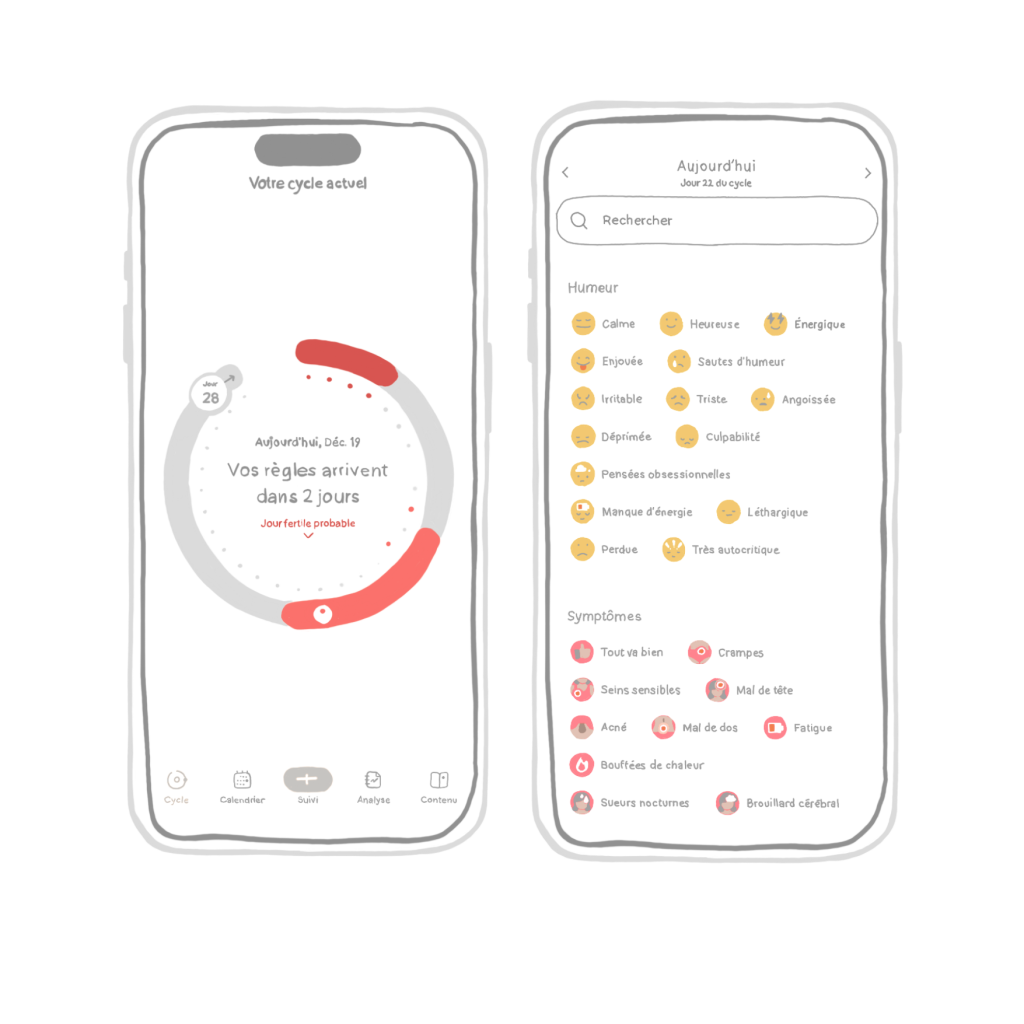 Captures d'écran d'applications de suivi menstruel sur smartphone (Clue, Flo)